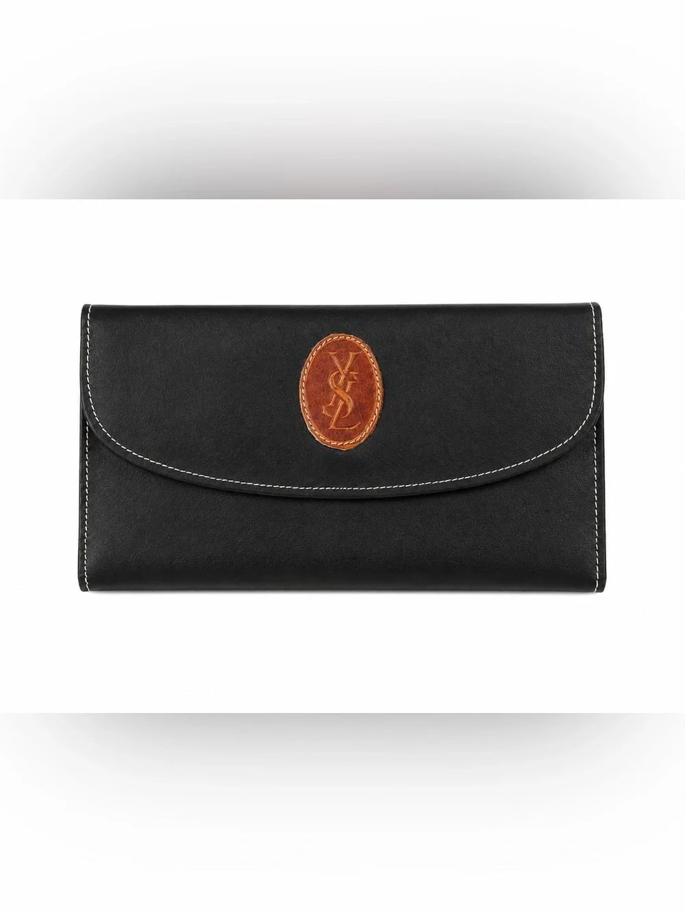 Yves Saint Laurent Black Leather Wallet with White stitching EUC